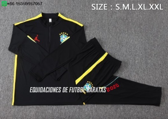 Nuevo Conjunto Completo Sudadera Entrenamiento Niños Brasil 2026 Negro Amarillo Baratas